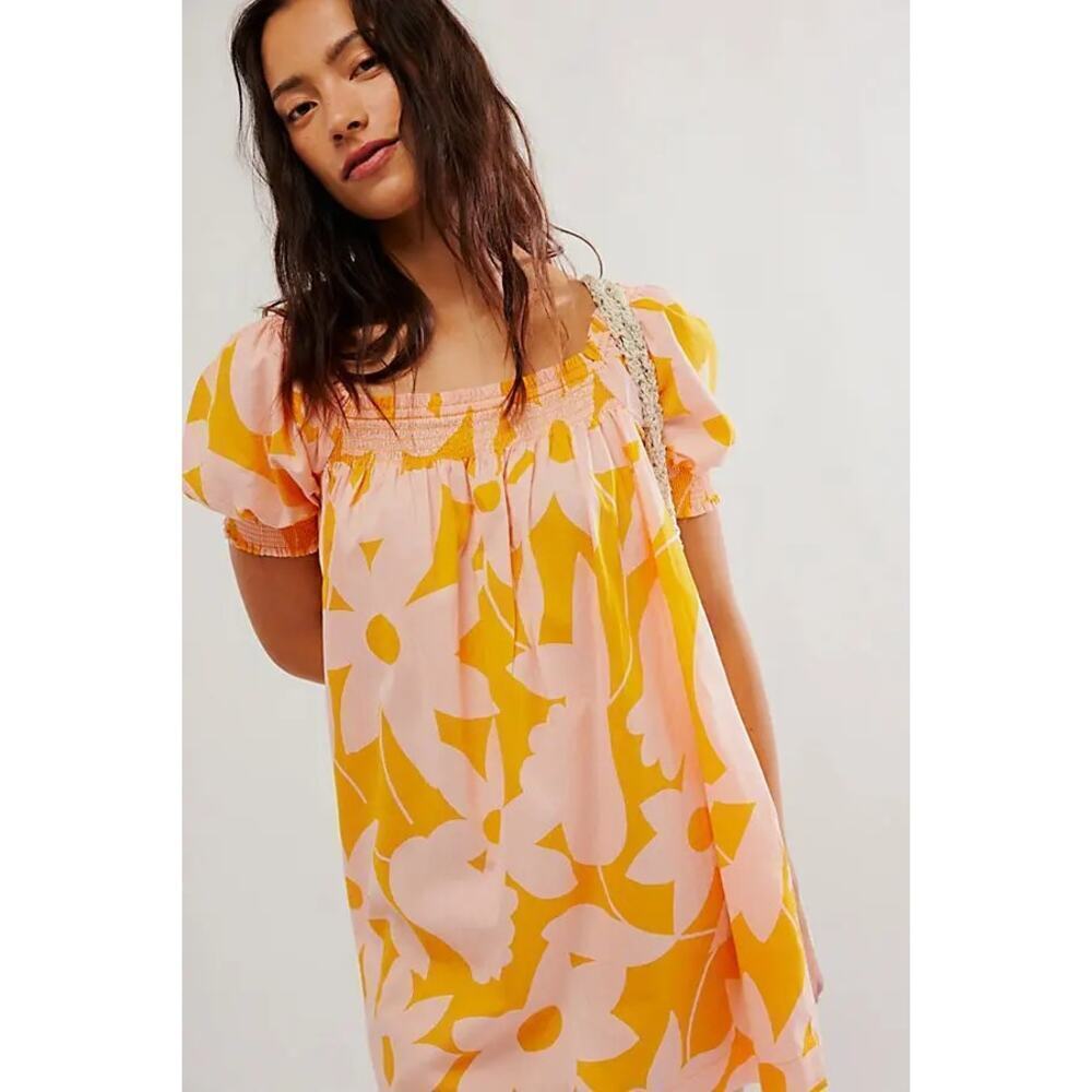 Free People Mila Floral Printed Mini Dress in Tangerine Combo Size Large New